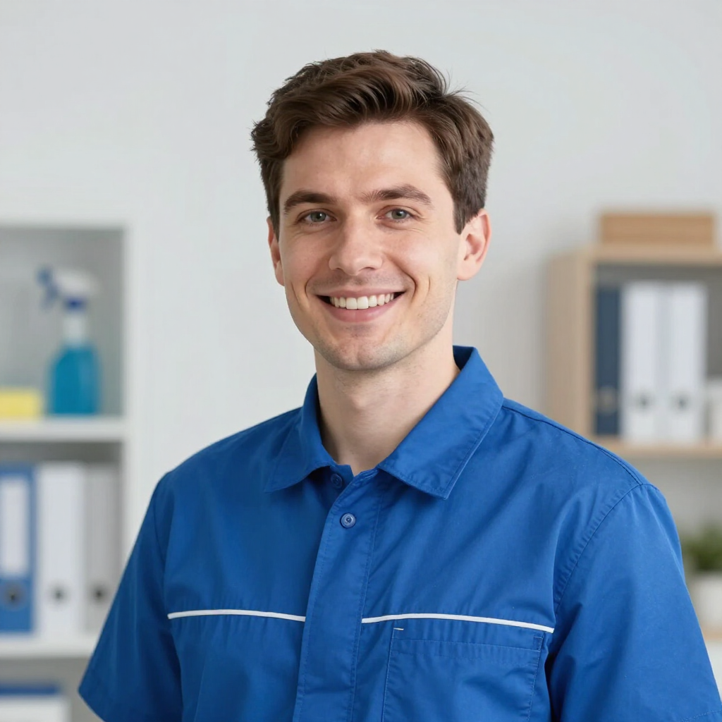 Smiling office worker in a blue shirt standing in a bright office with shelves behind him