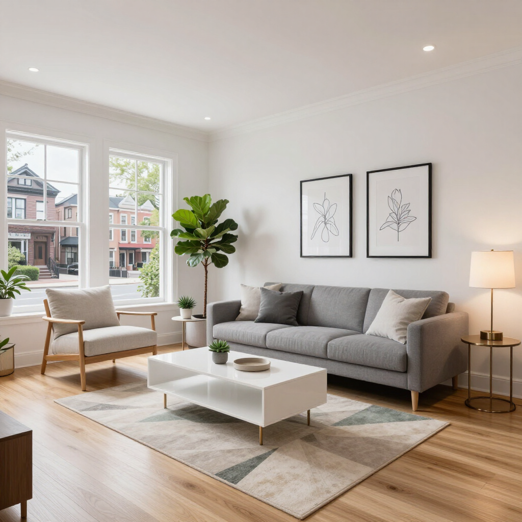 Bright modern living room with gray sofa, white coffee table, floor lamp, plants, and large windows