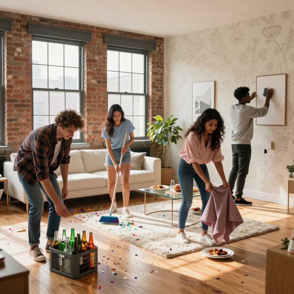 People painting and playing in a bright living room with paint supplies and a wall canvas