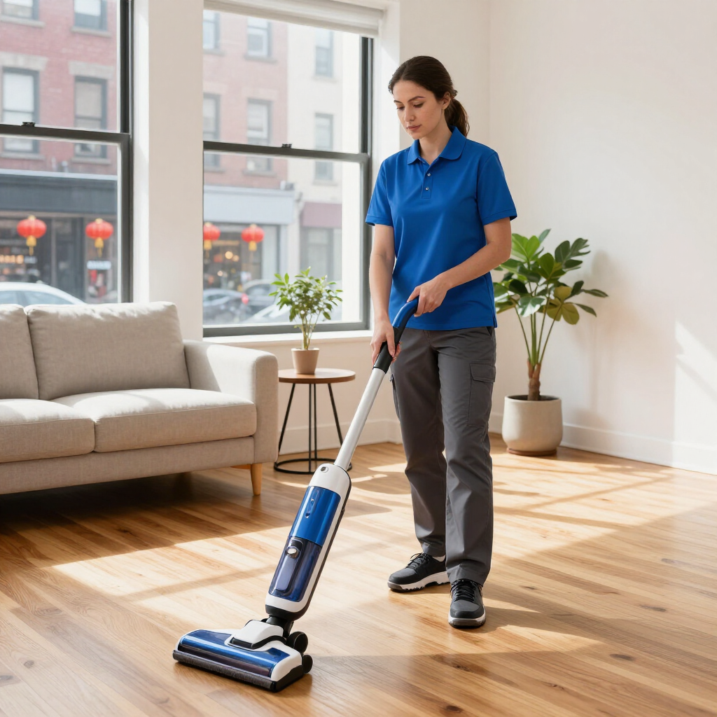 Person vacuuming a sunlit living room with a blue cordless vacuum