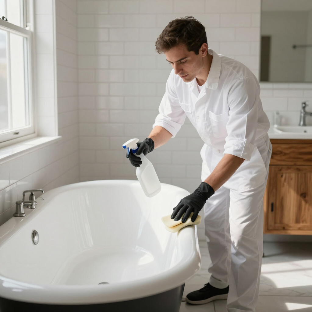 Man in white overalls cleaning a bathtub with a spray bottle and cloth in a bright bathroom
