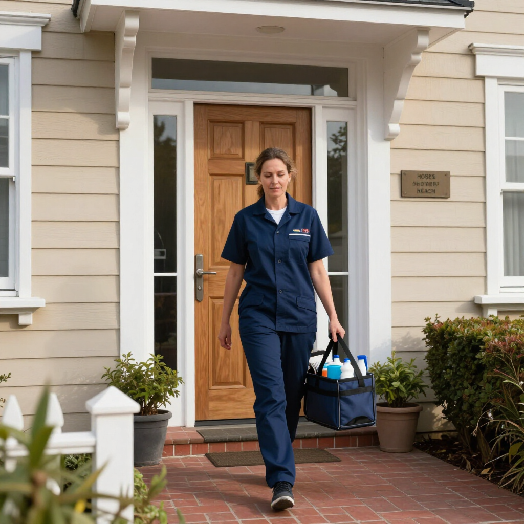 Nurse in navy scrubs carrying a medical bag walks out of a front doorway.