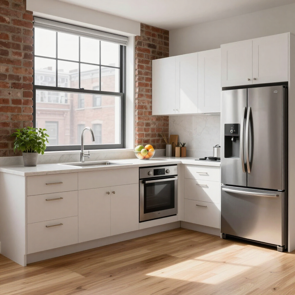 Modern kitchen with white cabinets, stainless steel refrigerator, brick accent wall, and large window.