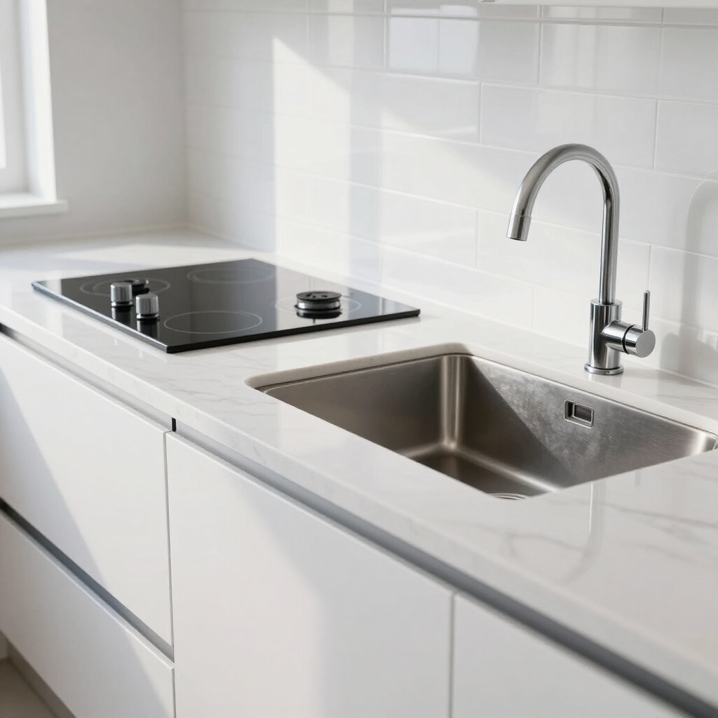 Modern white kitchen countertop with built-in cooktop, stainless sink, and chrome faucet