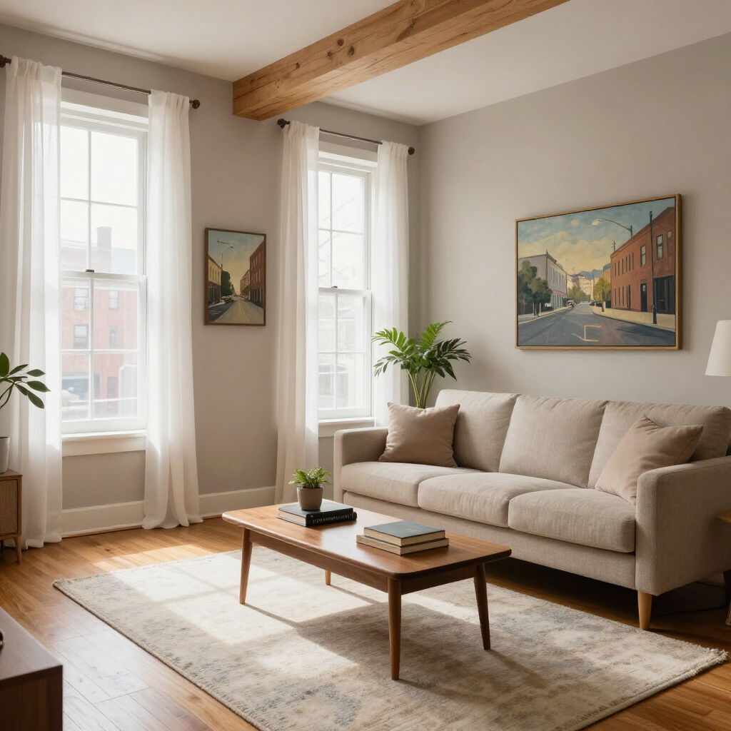 Bright living room with beige sofa, wooden coffee table, rug, plants, and sunlight through tall windows