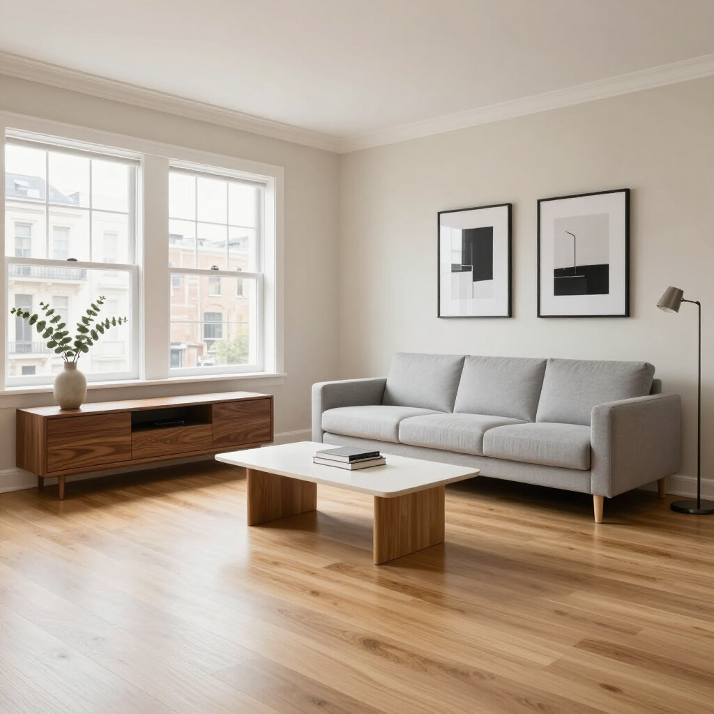 Bright modern living room with gray sofa, wooden coffee table, framed art, and large windows.