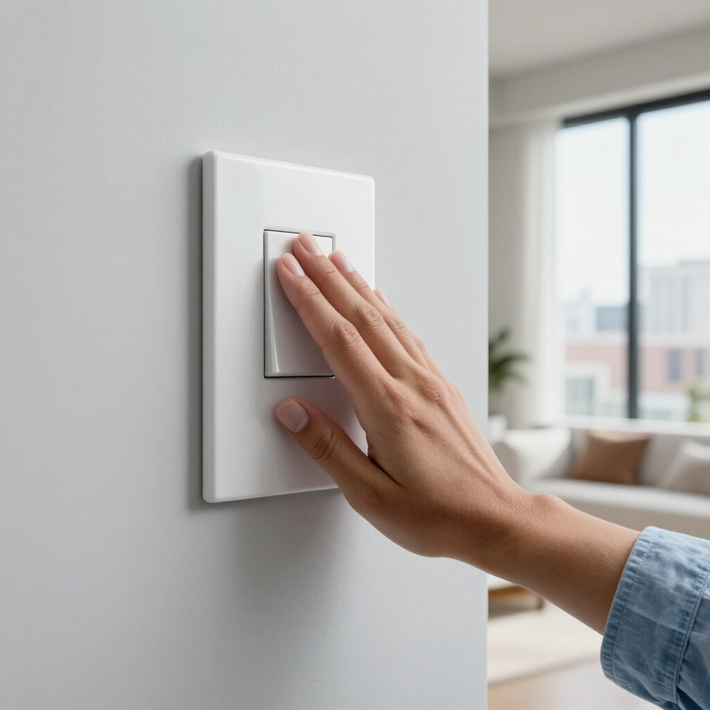 Hand switching on a white wall light switch in a bright living room