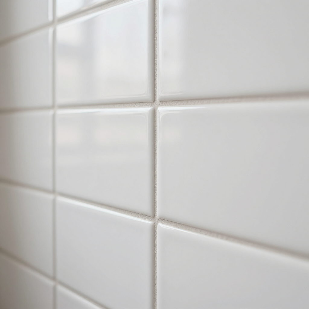 Close-up of glossy white ceramic wall tiles with grout lines