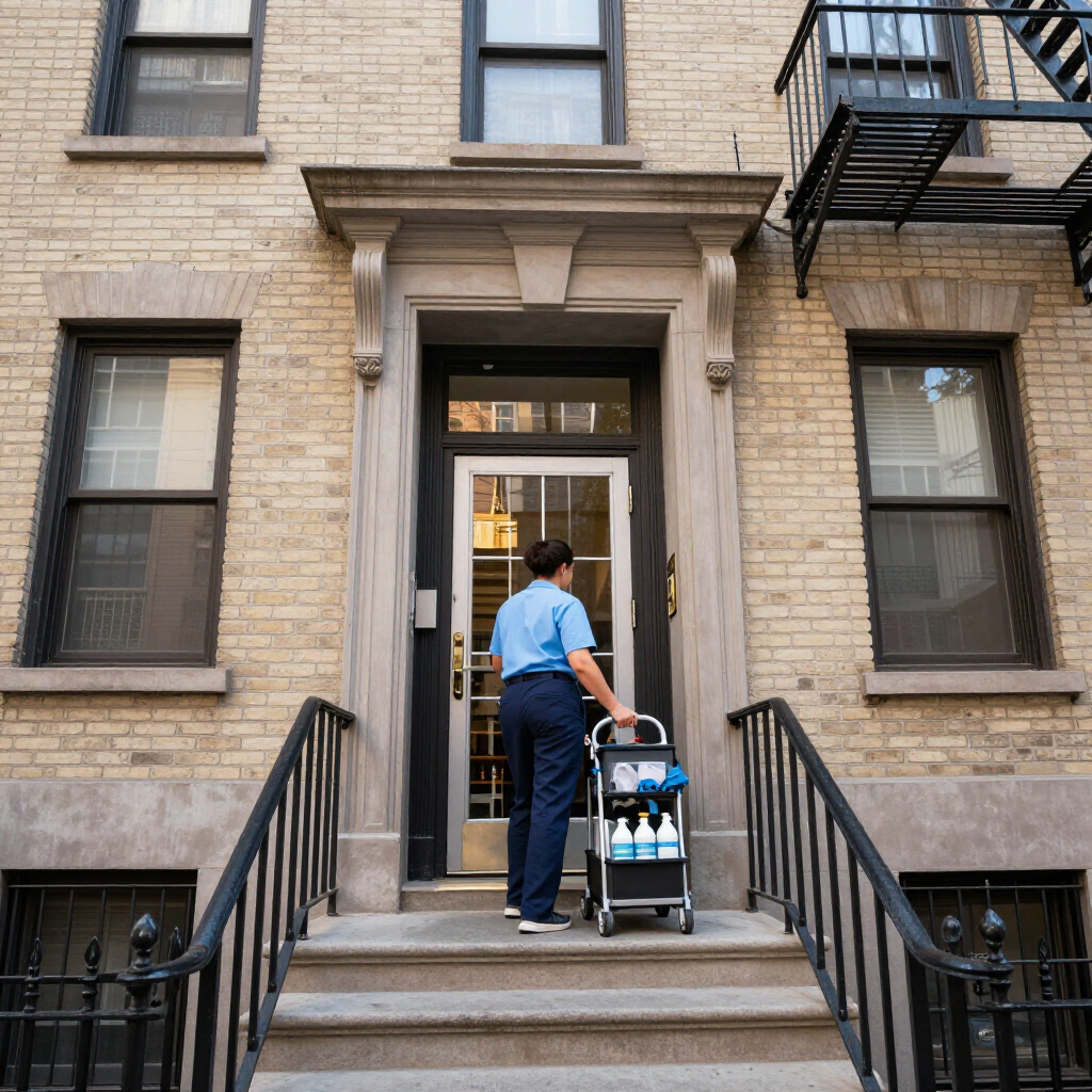 Delivery worker pushing a cart up steps to a brick apartment building entrance