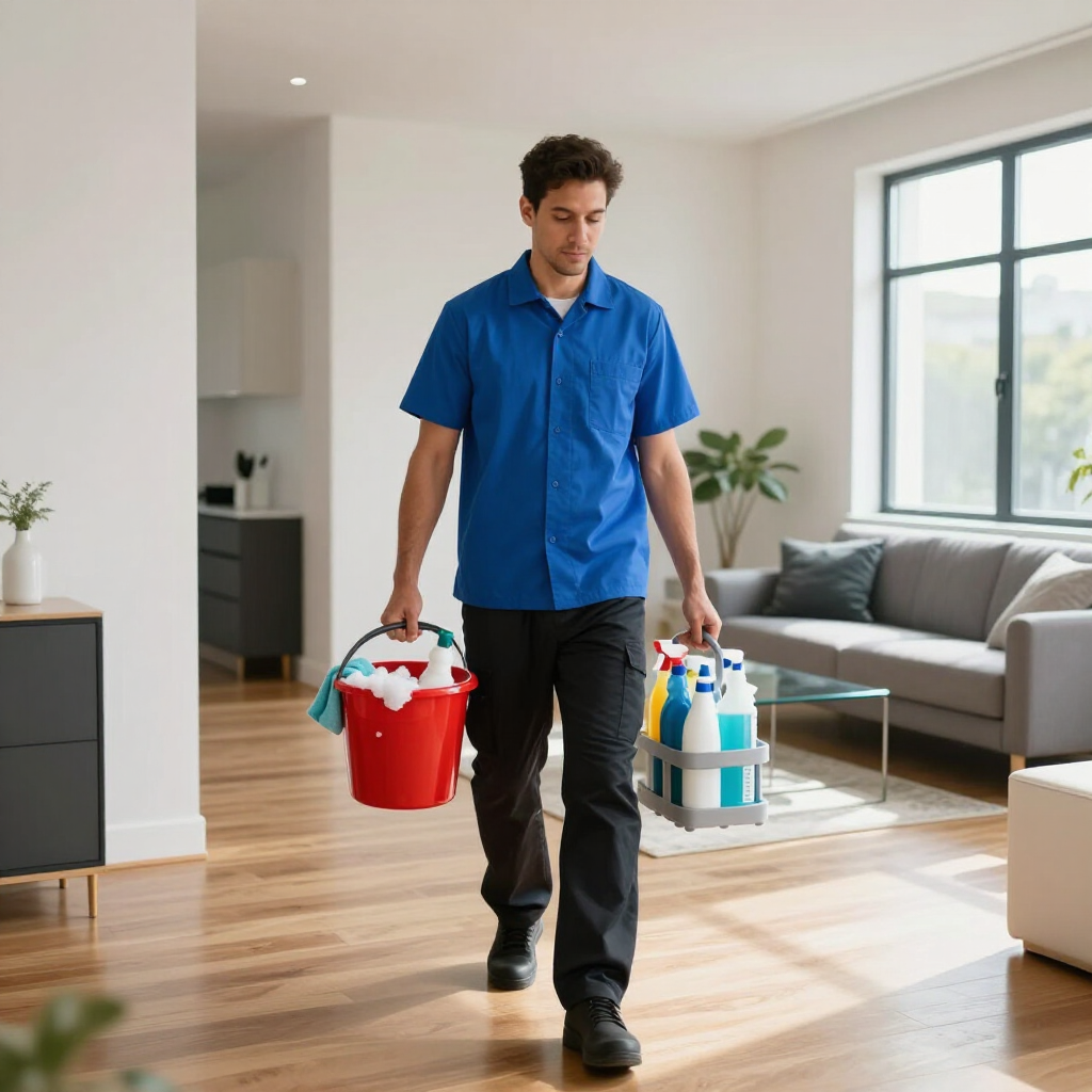 Man carrying cleaning supplies in red and white buckets through a bright living room