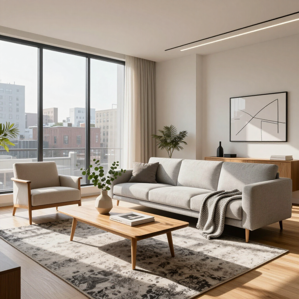 Modern living room with beige sofa, armchair, wooden coffee table, rug, and city view through large windows