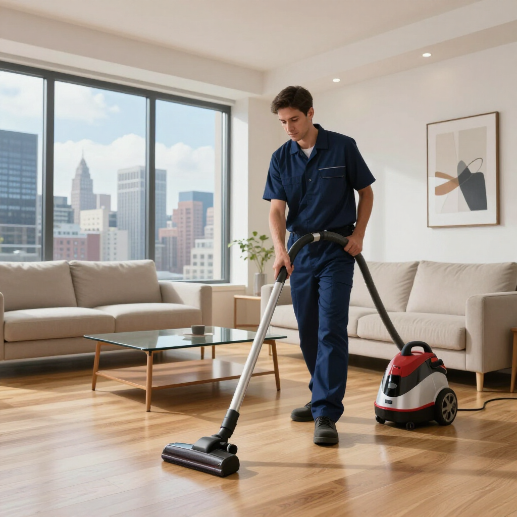 Person vacuuming a modern living room with a canister vacuum and large city windows in the background