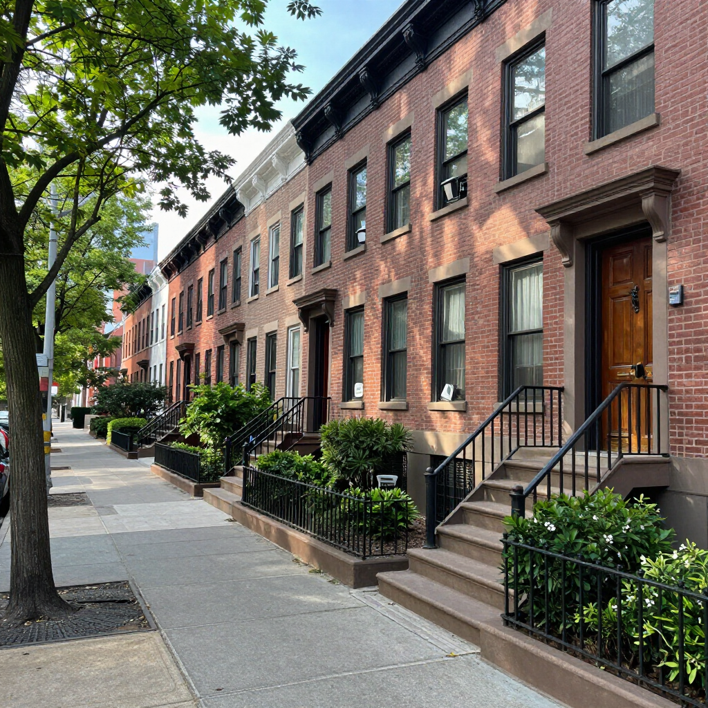 Tree-lined street with brownstone row houses, stoops, and sidewalks in a quiet neighborhood