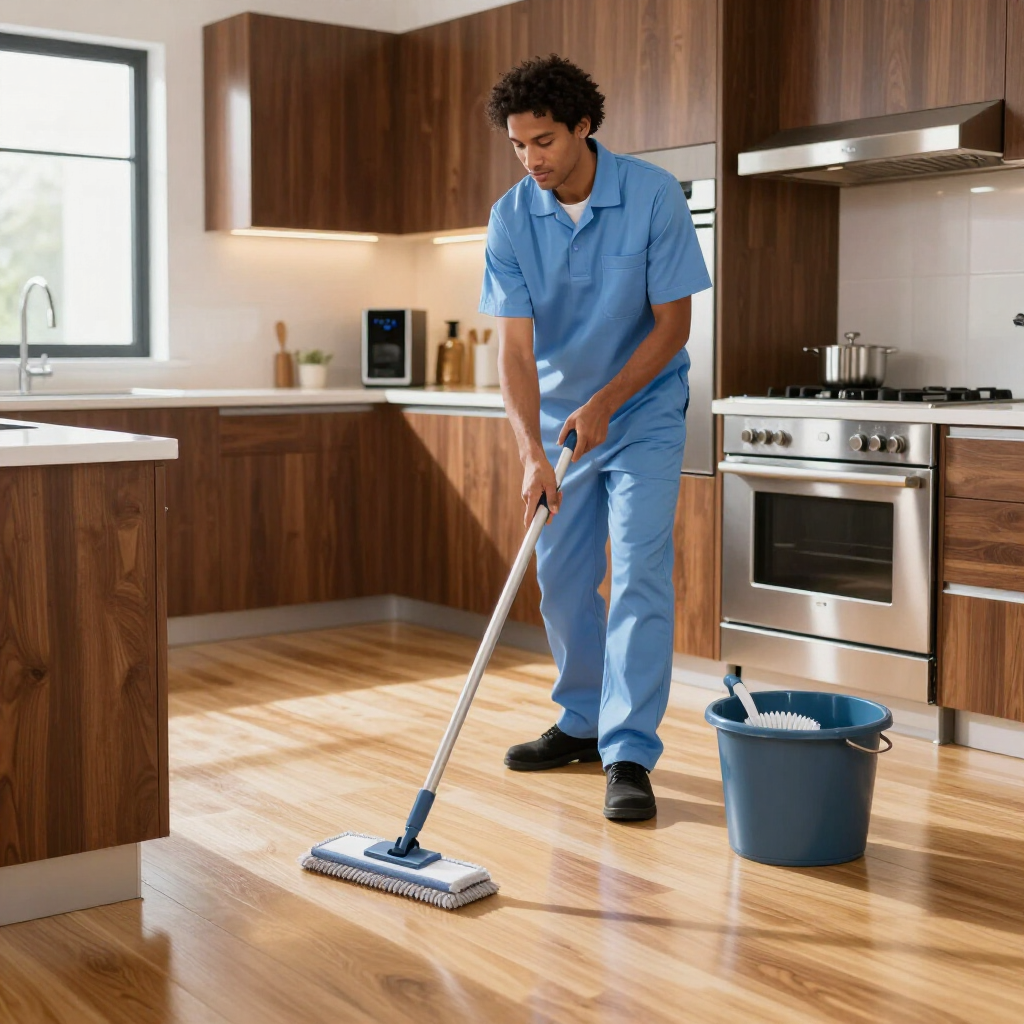 Person mopping a kitchen floor beside a blue bucket in a modern home kitchen