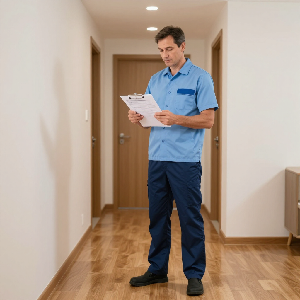 Maintenance worker in blue uniform reviewing a clipboard in a hallway