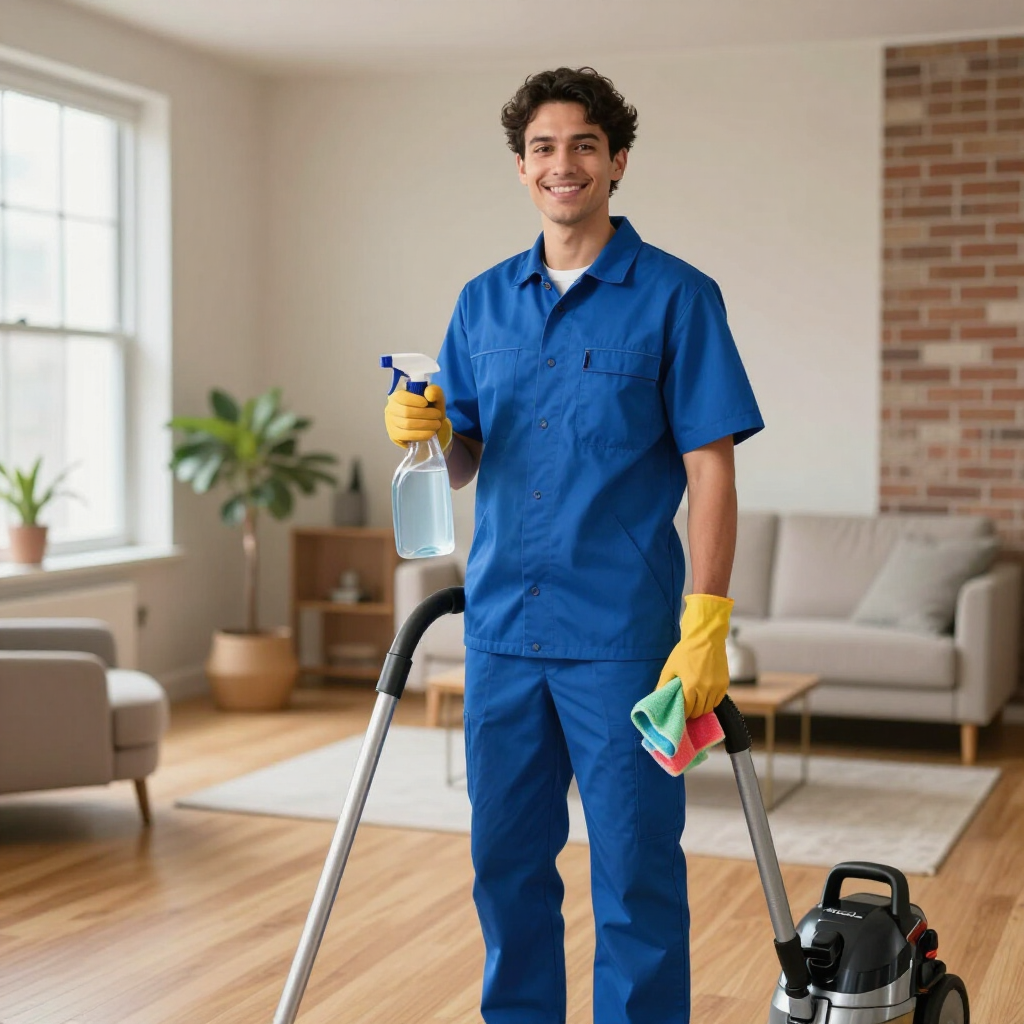 Cleaner in blue uniform holding spray bottle and cloth beside a vacuum in a living room