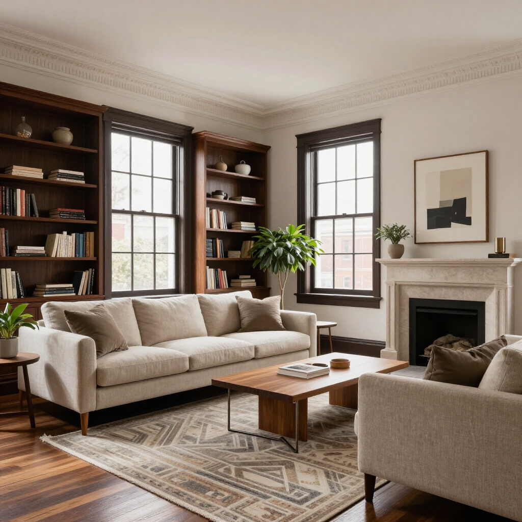 Bright living room with beige sofas, wood bookshelves, tall windows, patterned rug, coffee table, and fireplace.