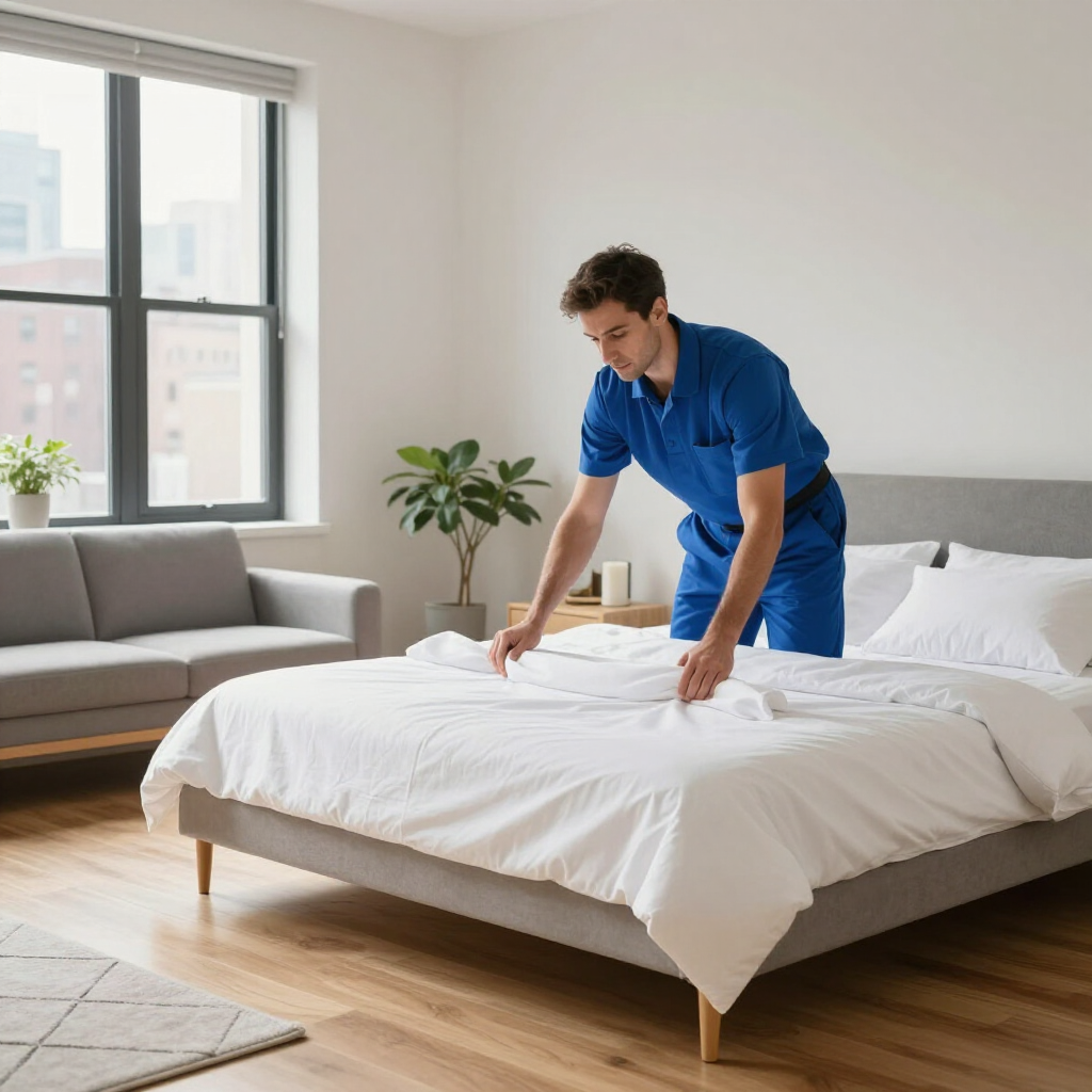 Person making a bed in a bright bedroom with white bedding and a gray sofa nearby