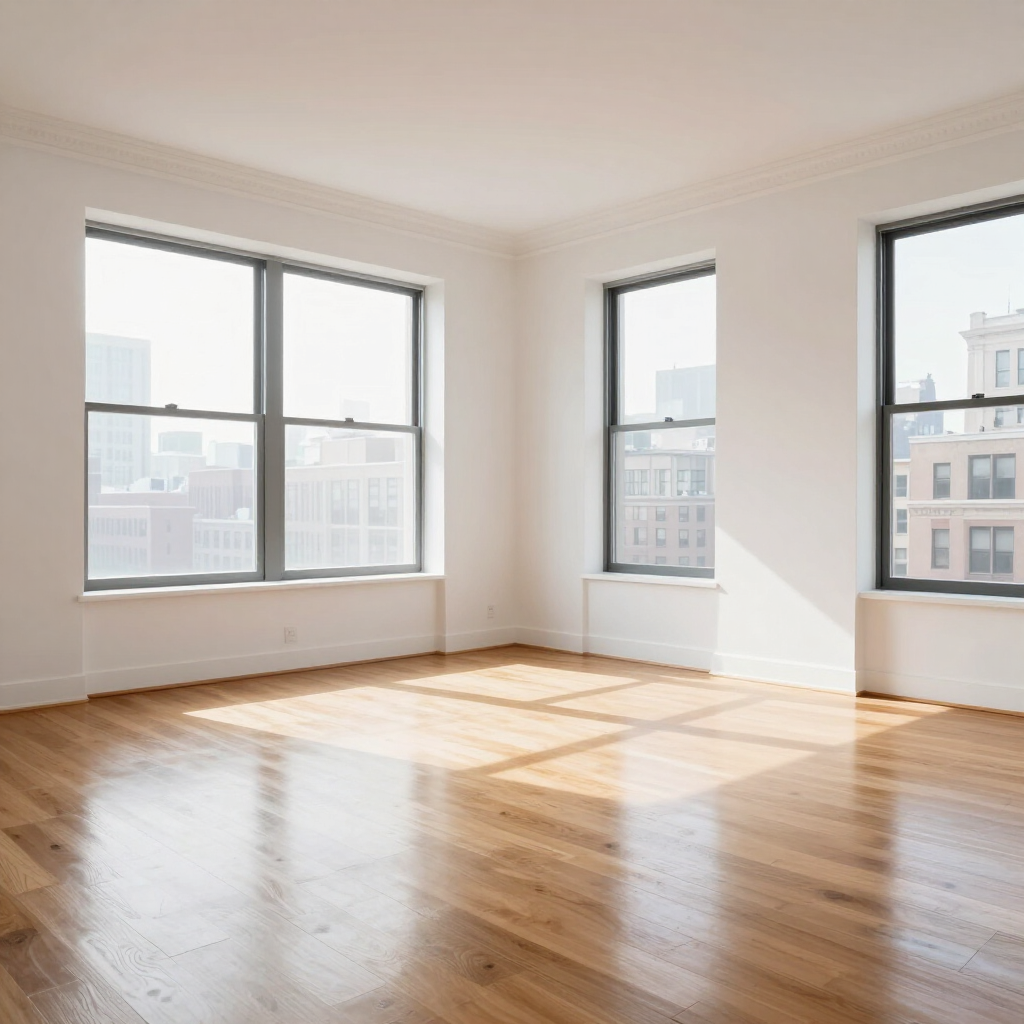Bright empty room with hardwood floors, large windows, and sunlight streaming in.