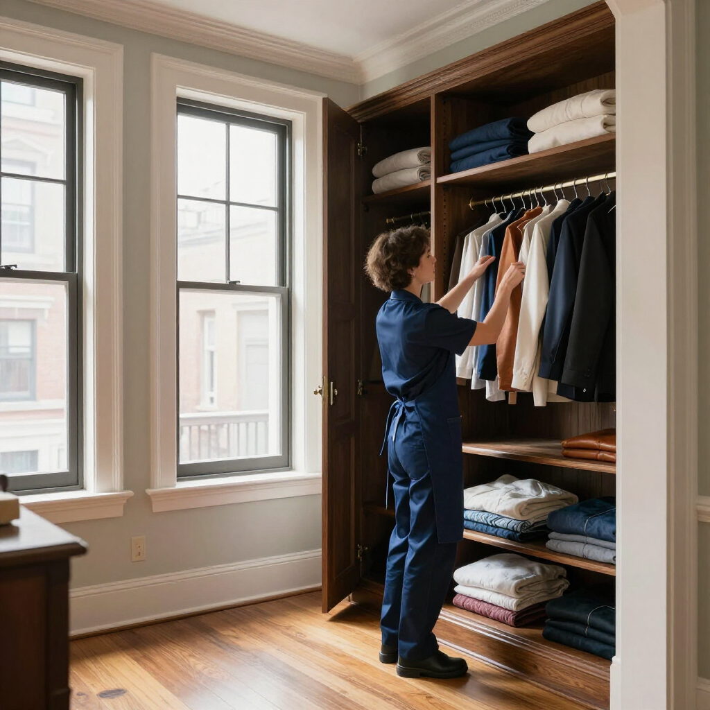 Person organizing clothes in a wooden walk-in closet beside a window.