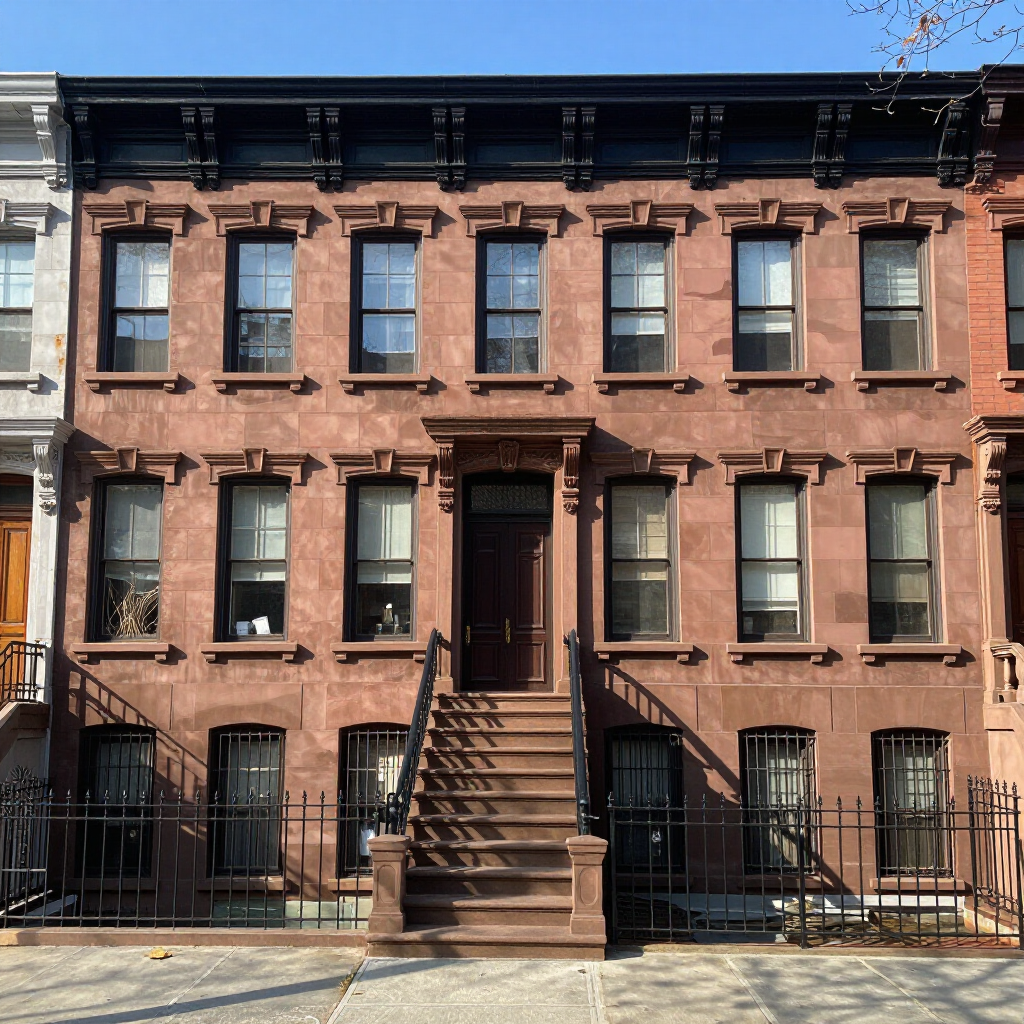 Row of red-brick brownstone townhouses with black iron railings and stoops on a sunny street