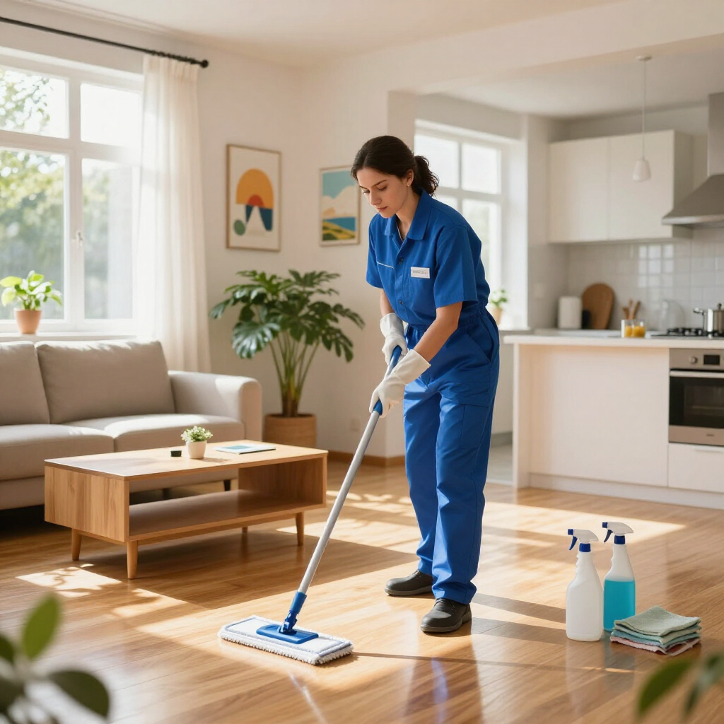 Cleaner mopping a bright living room with cleaning supplies beside the couch and kitchen area