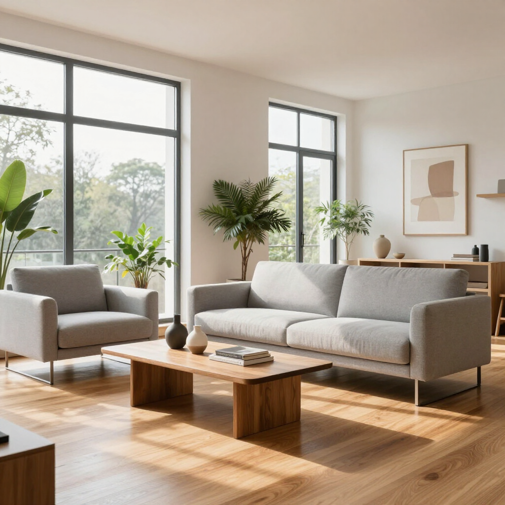 Bright living room with gray sofa, armchair, wooden coffee table, and large sunlit windows with plants.