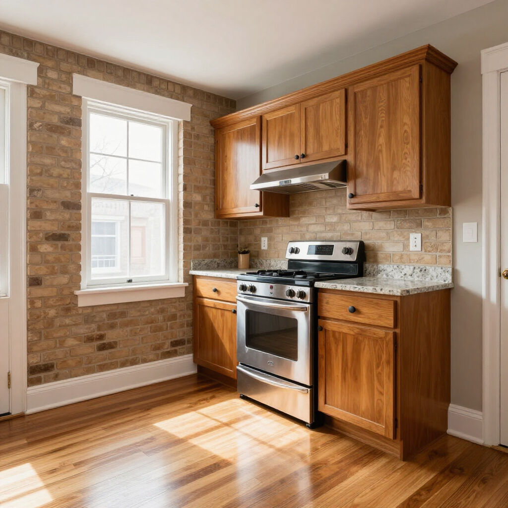 Bright kitchen with wooden cabinets, stainless stove, granite countertop, and sunlit window over brick walls