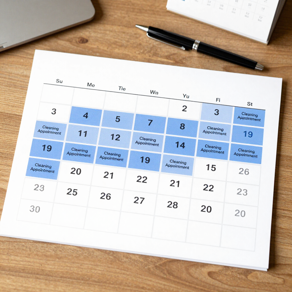 Desk calendar with blue-highlighted dates and a black pen on a wooden desk