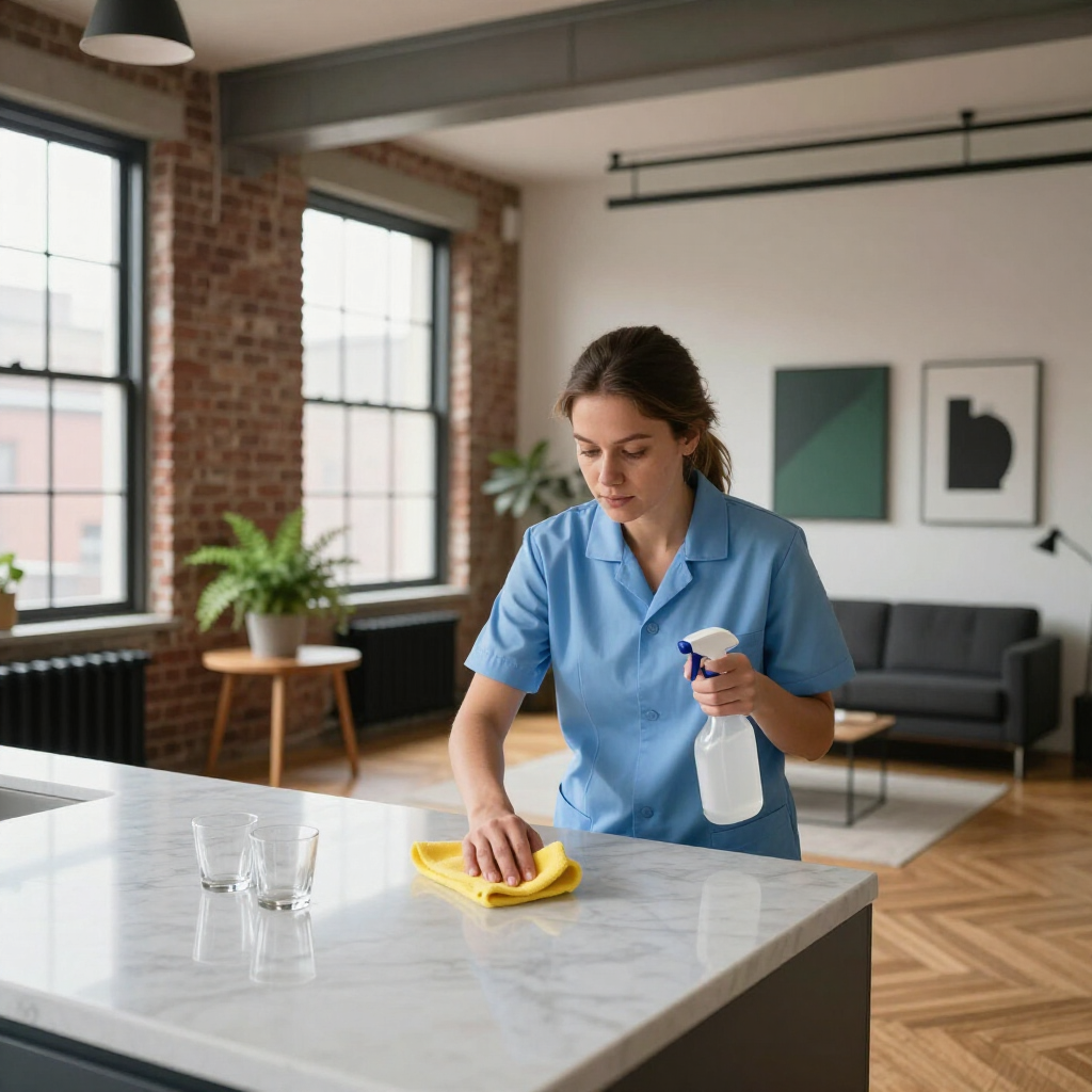 Cleaner wiping a marble table in a bright living room, holding a spray bottle
