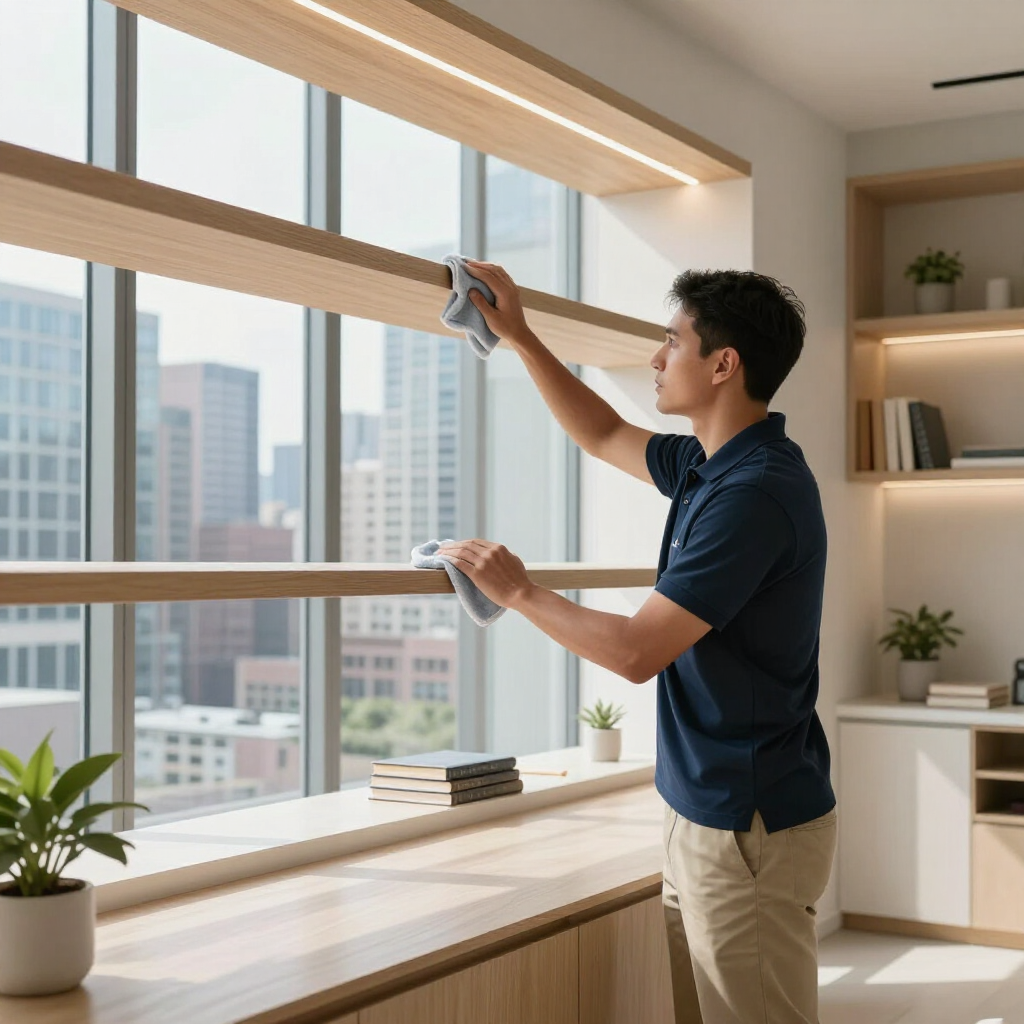 Person adjusting blinds at a bright apartment window with a city view