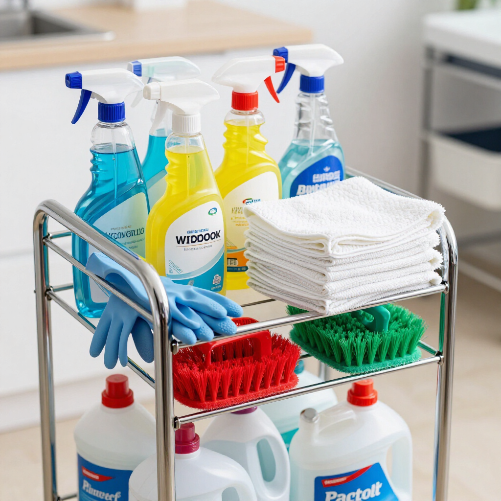 Cleaning cart with spray bottles, gloves, brushes, and folded cloths on a metal rack