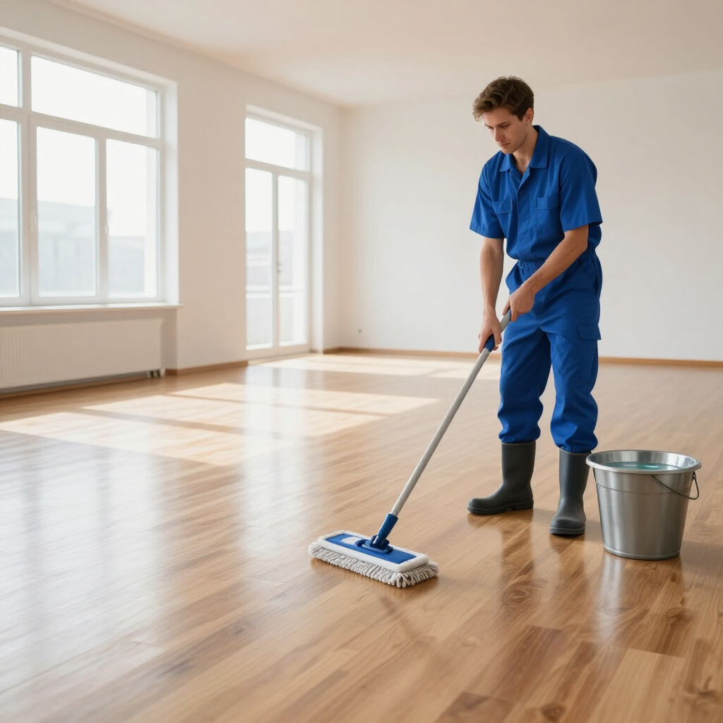 Person mopping a sunlit hardwood floor in an empty room with a bucket nearby