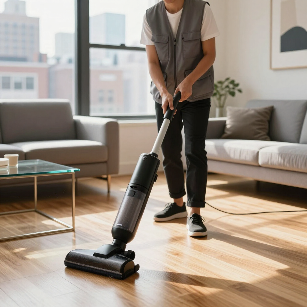 Person vacuuming a sunlit living room with a cordless stick vacuum