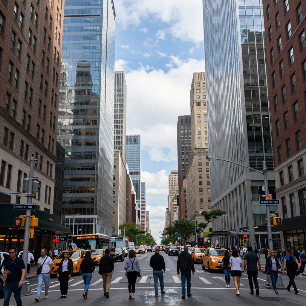 Crowded city street with yellow taxis, pedestrians, and tall office buildings under a partly cloudy sky