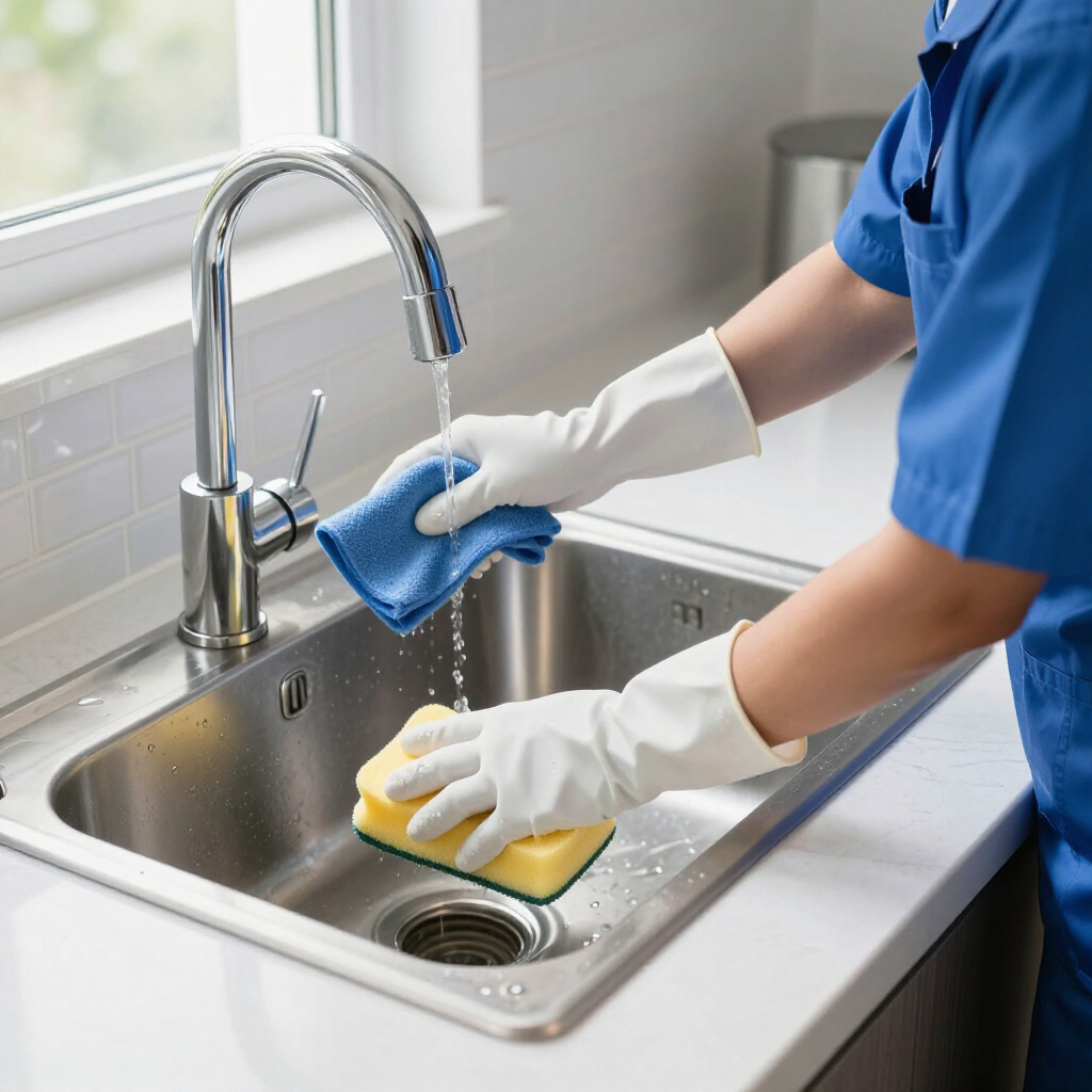 Gloved person wiping a stainless steel kitchen sink with blue and yellow cloths