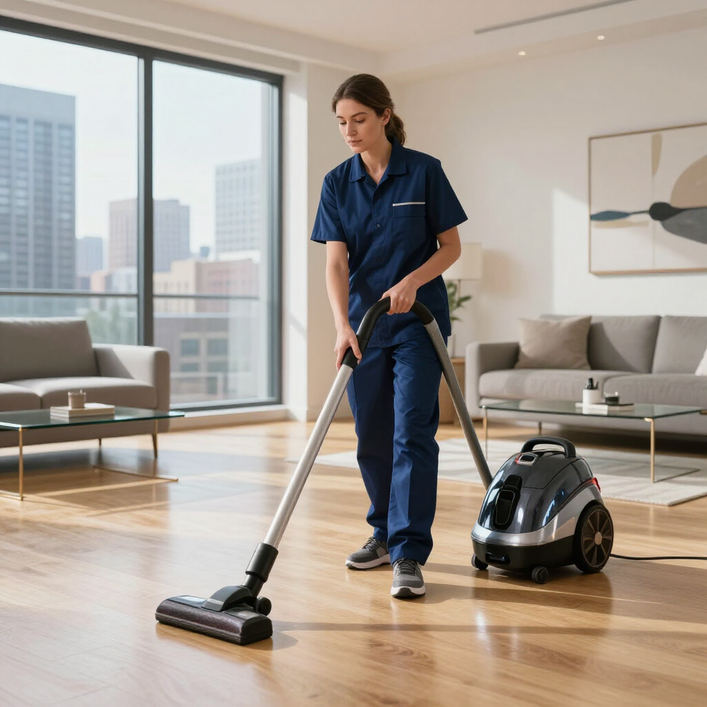 Cleaner vacuuming a bright living room with a canister vacuum and hardwood floors