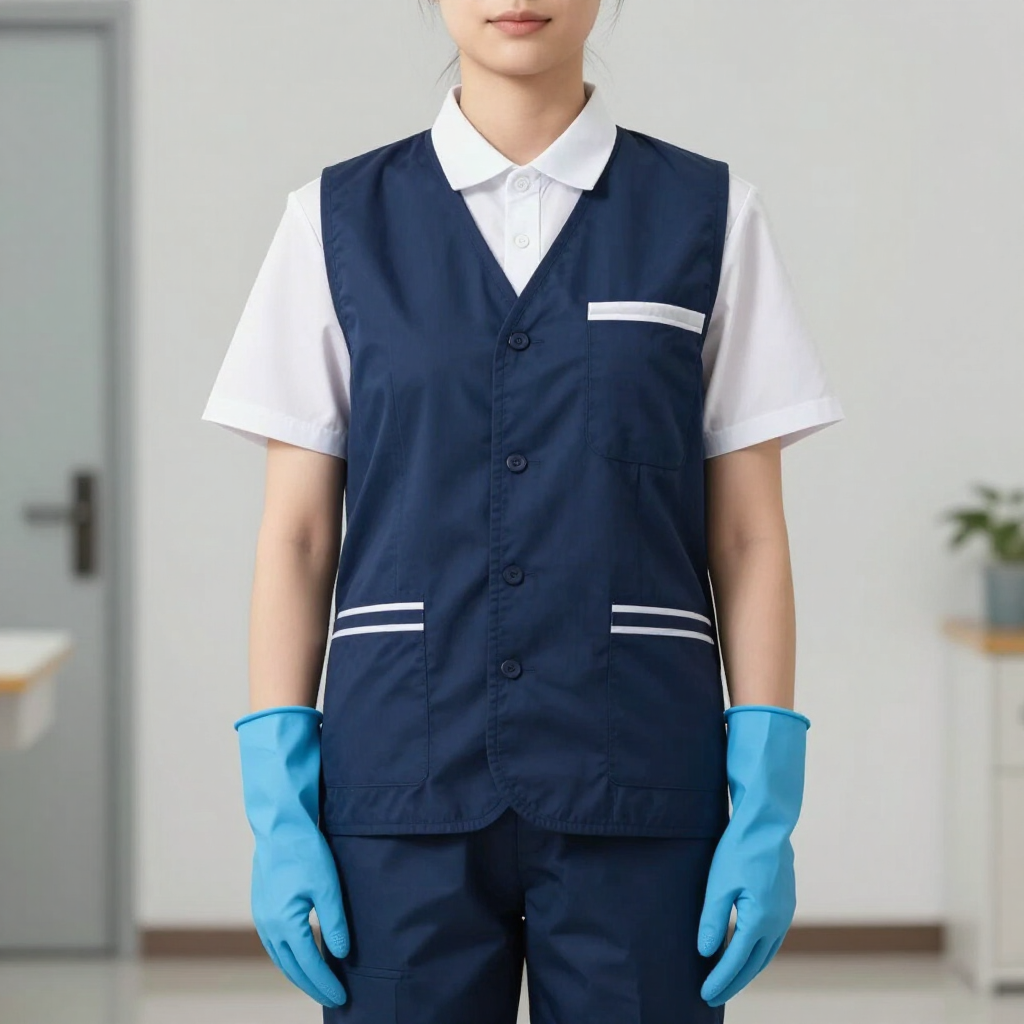 Blue-uniformed worker wearing gloves in a clean indoor setting