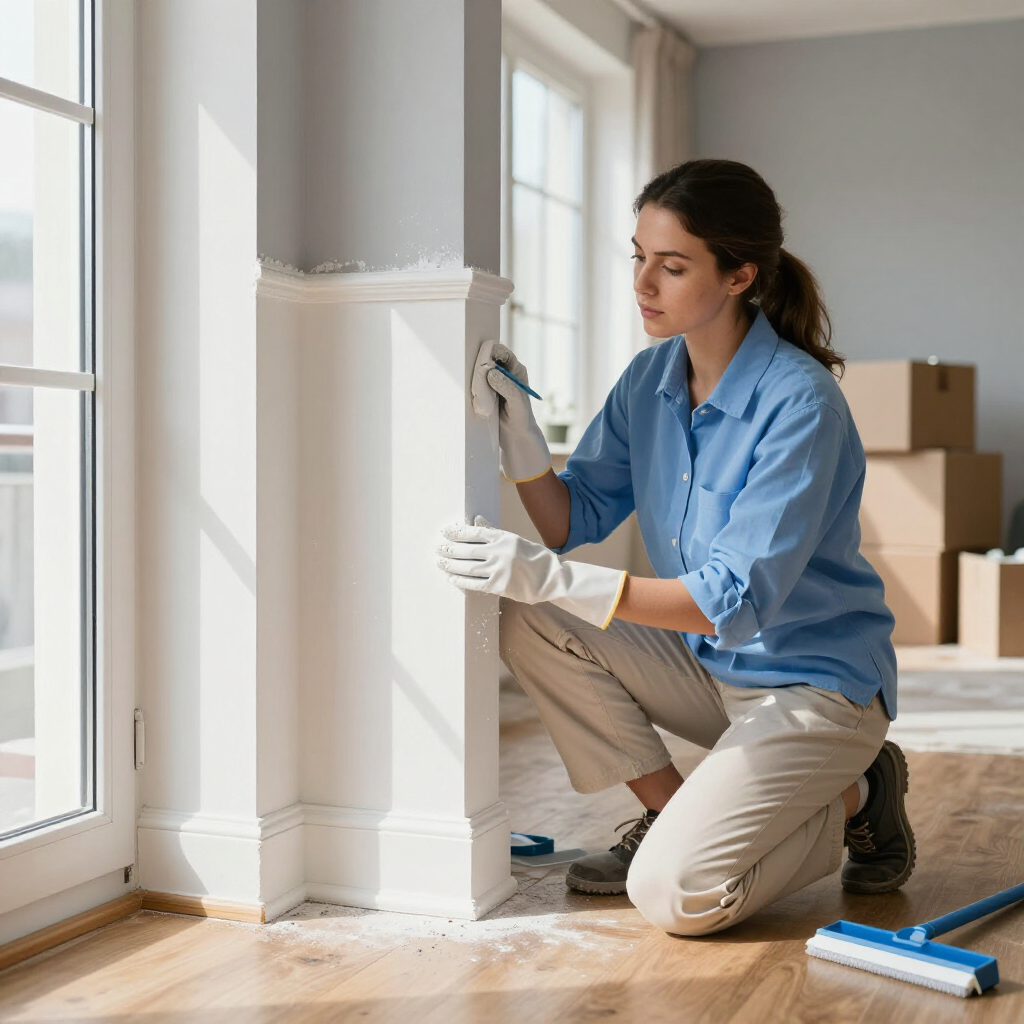 Person painting white trim in a bright room, kneeling beside a window with boxes in the background