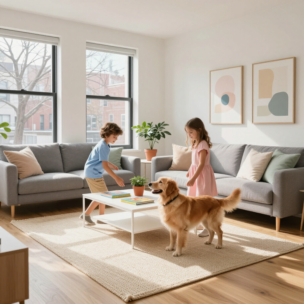 Two children and a golden retriever in a bright living room with gray sofas and a white coffee table