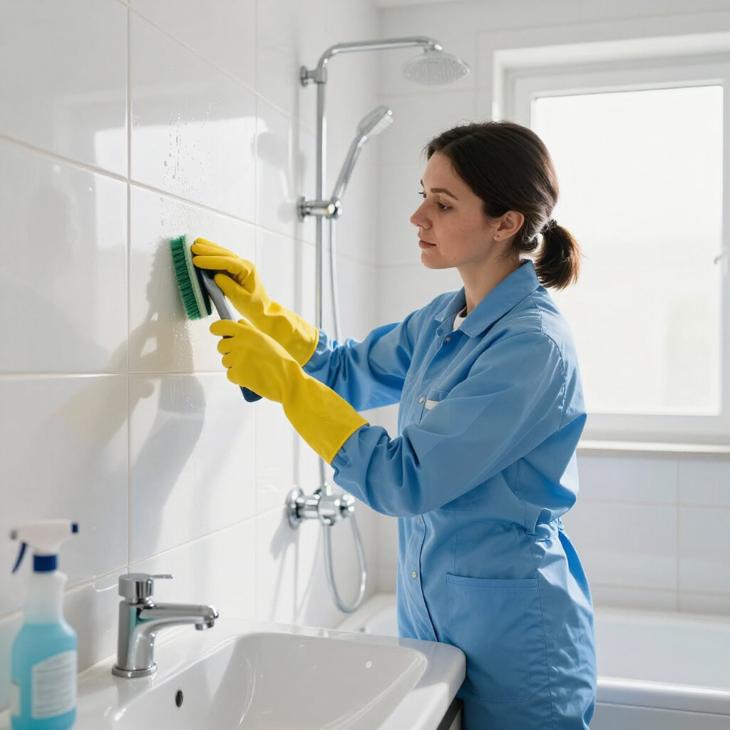 Person in blue cleaning a bathroom mirror with a green sponge and yellow gloves