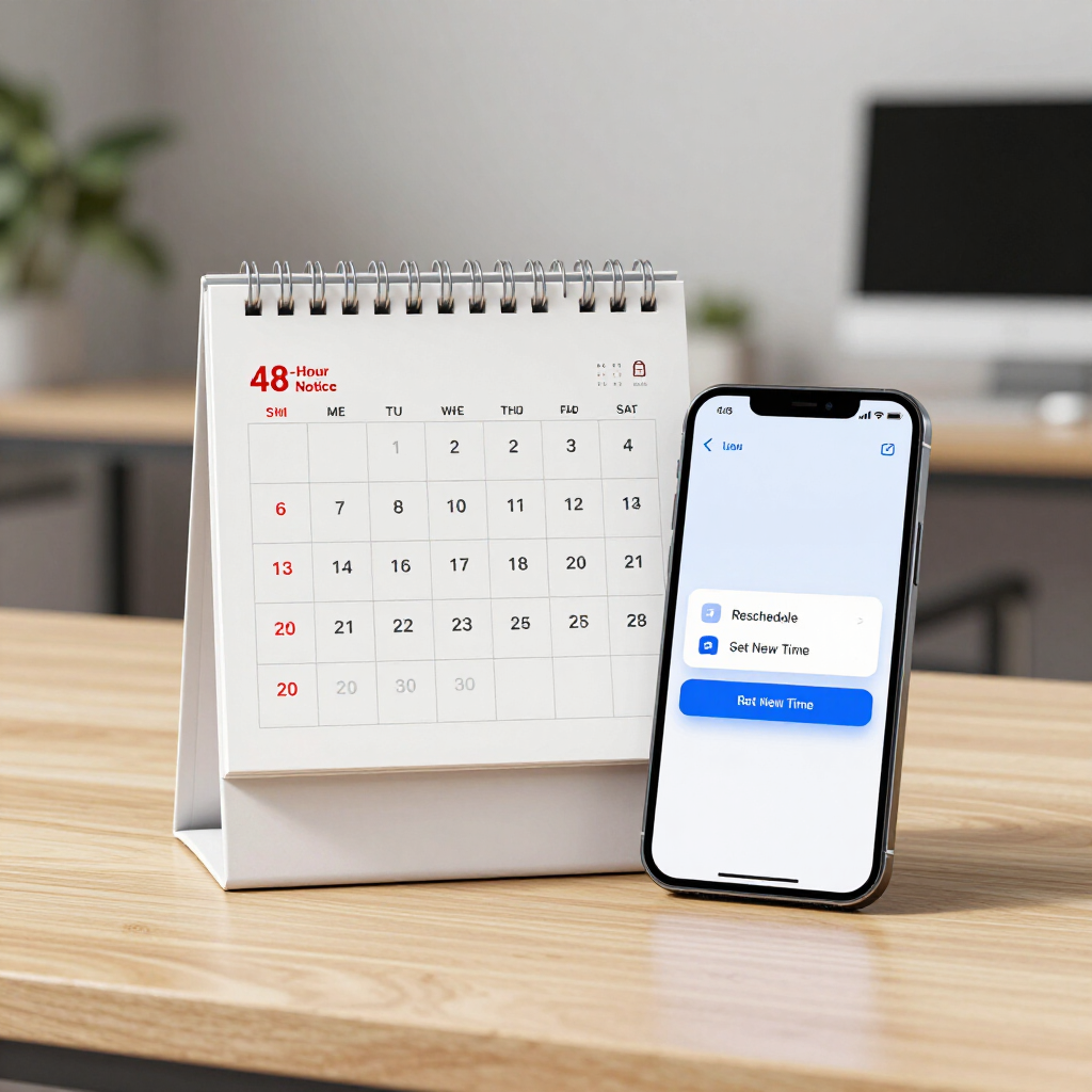 Desk calendar beside a smartphone displaying a blue appointment booking screen on a wooden table