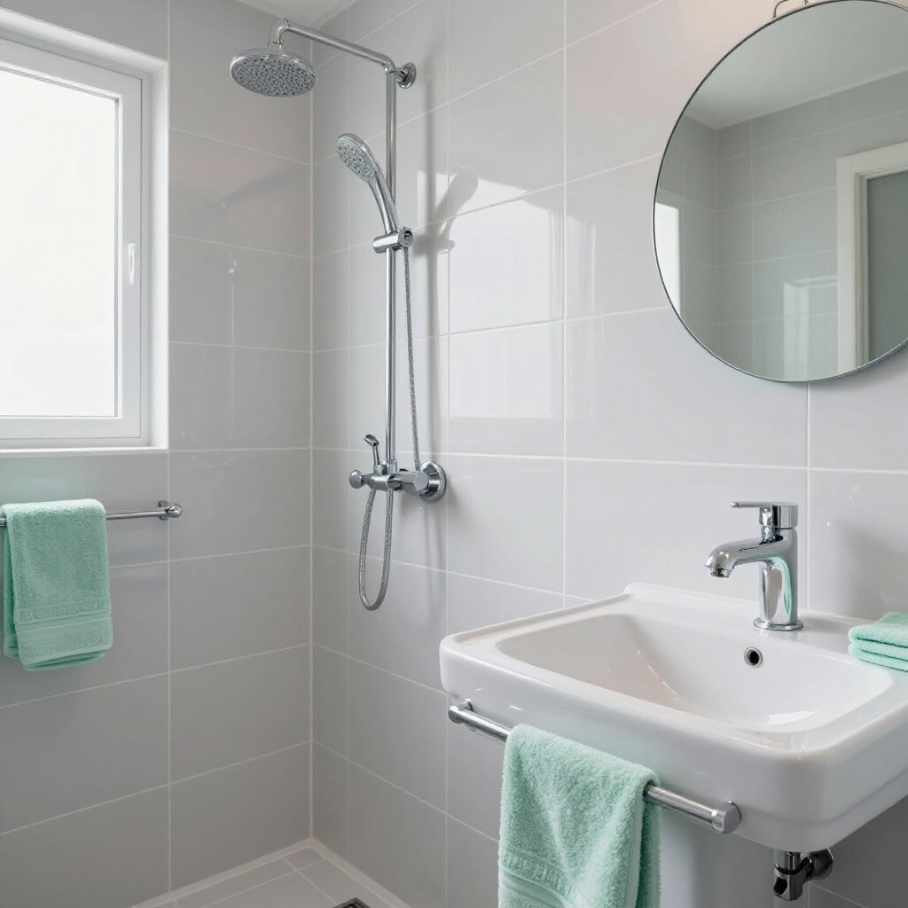 Modern white bathroom with shower, sink, round mirror, and mint green towels