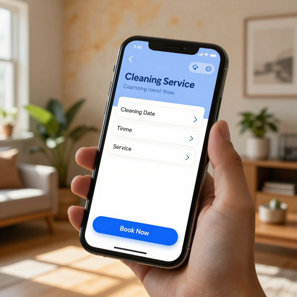 Hand holding a smartphone showing a blue “Cleaning Service” booking screen in a bright living room