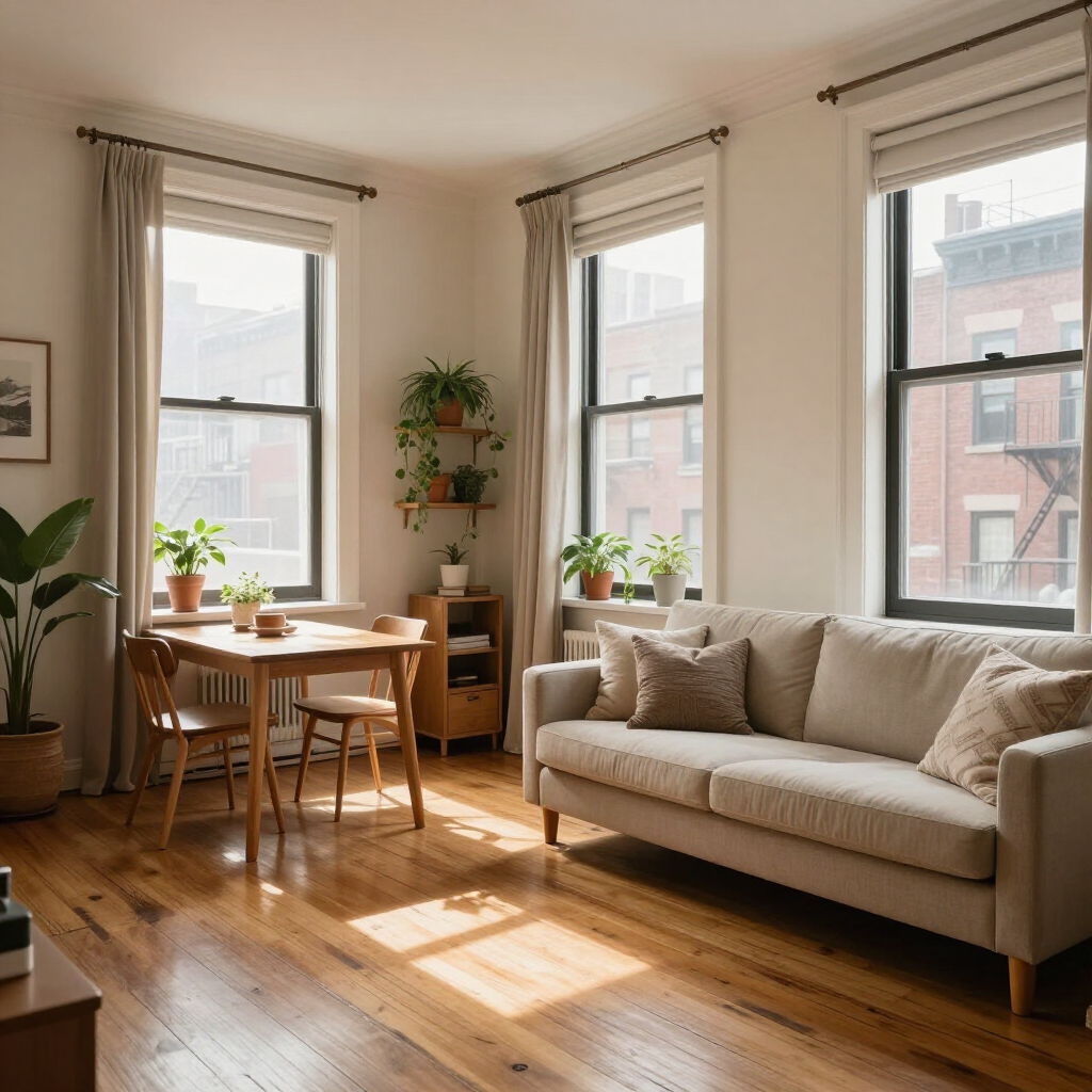 Bright living room with large windows, beige sofa, wooden table, plants, and warm sunlight on hardwood floors