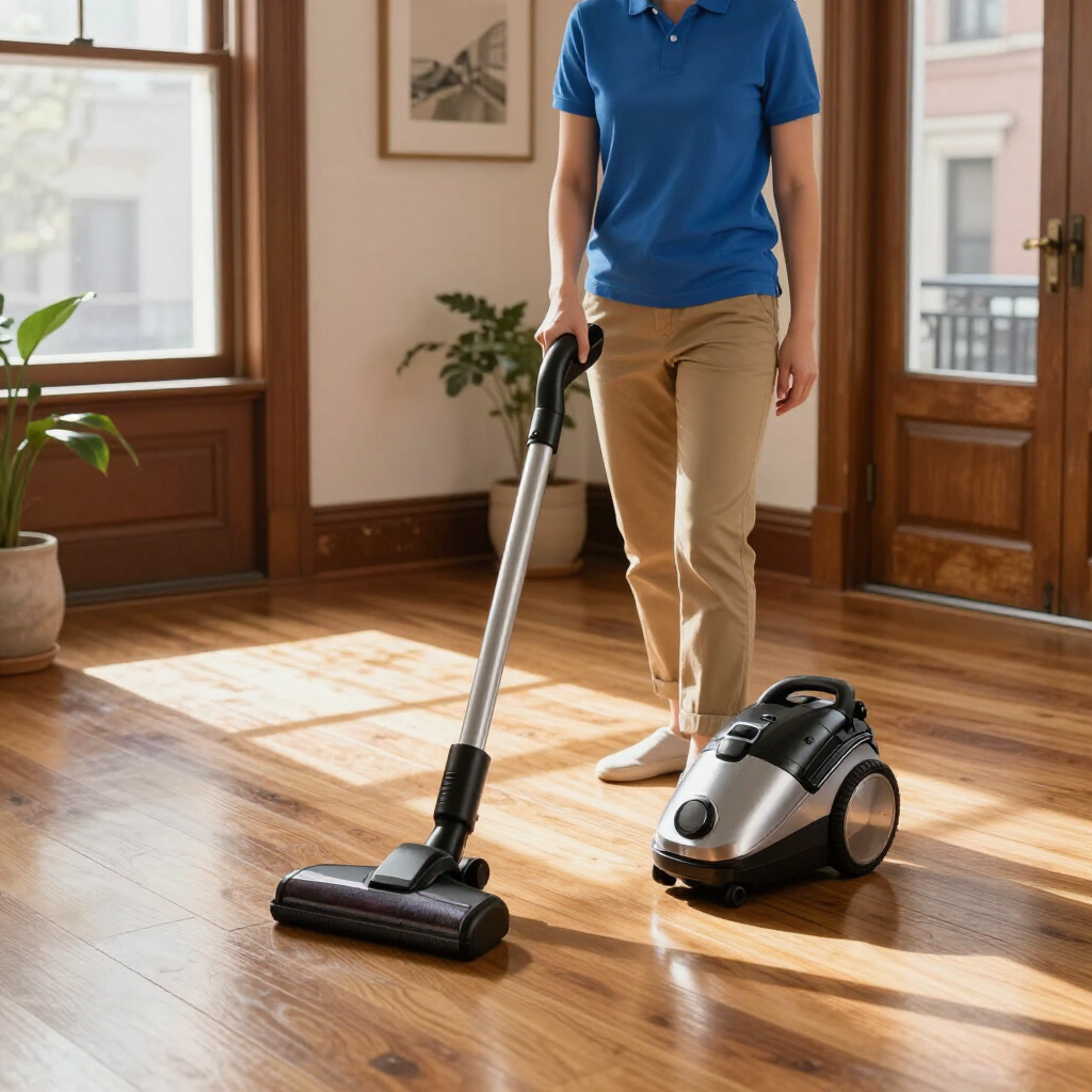 Person vacuuming a sunlit wooden floor with a canister vacuum