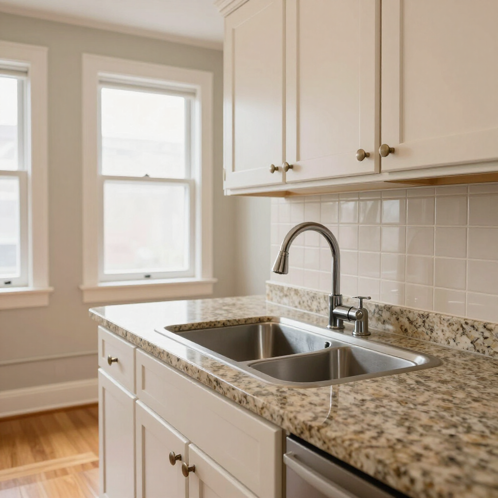 Bright kitchen with double sink, granite countertops, white cabinets, and two windows