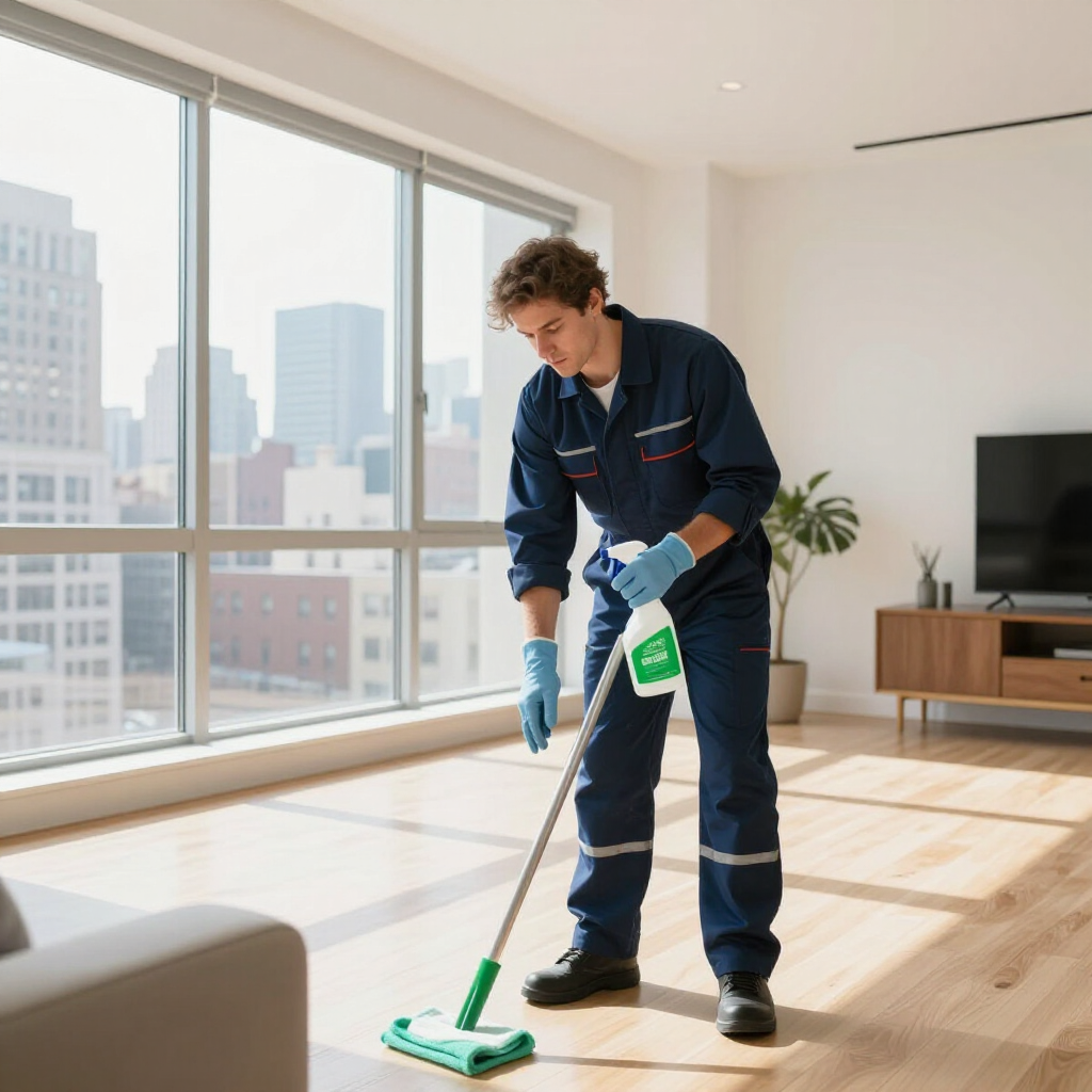 Technician mopping a sunlit apartment floor near large windows and a city view