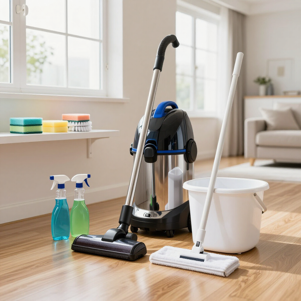 Vacuum and mops with cleaning sprays and bucket in a bright living room
