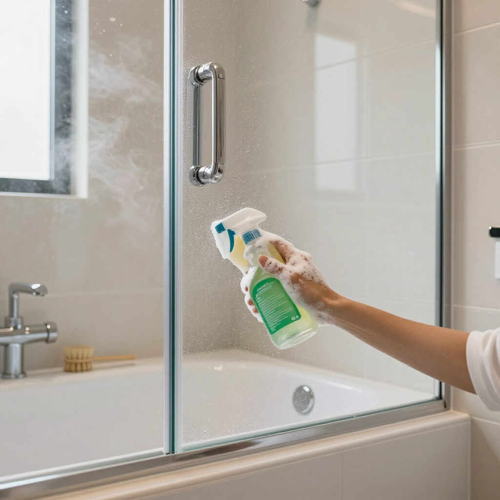 Hand spraying cleaner on a glass shower door in a bathroom